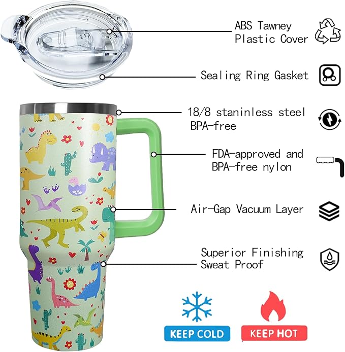 Stainless Steel Dinosaur Tumbler - 40 oz, Coffee Travel Mug with Lid and Straw, Perfect Dinosaur Gifts for Women