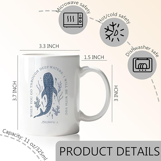 Whale Shark Christian Mug, Isaiah 43:2 Bible Verse Coffee Cup, Christian Gifts for Women Men, Coastal Beach Religious Scripture Ceramic Coffee Mug 11 oz