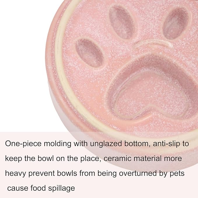 Ceramic Slow Feeder Bowl, 6.69 x 5.7 inches, Elevated Design with Paw Pattern, for Cats and Small Dogs (Pink)