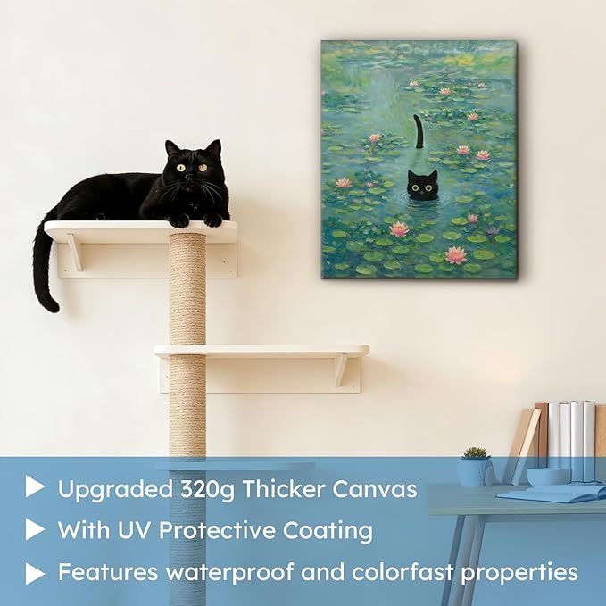 Funny Cat in Water Lilies Wall Art, Vintage Monet-Style Bathroom & Bedroom Decor, Ready to Hang Aesthetic Cat Gift for Dorm, Living Room, Wrapped Framed Canvas Print(16’’x20’’)
