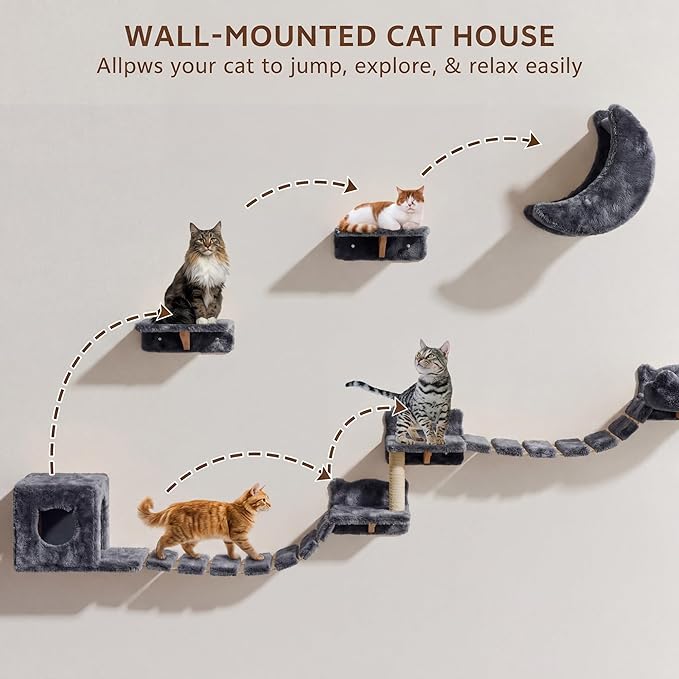 13-in-1 Cat Wall Shelves, Wall Mounted Cat Furniture Set with Plush Fabric, Cat Climbing Wall Systems, Cats Shelf with Moon Hammock, Condos, House, Step, Bridge Ladder, Scratching Post, Grey