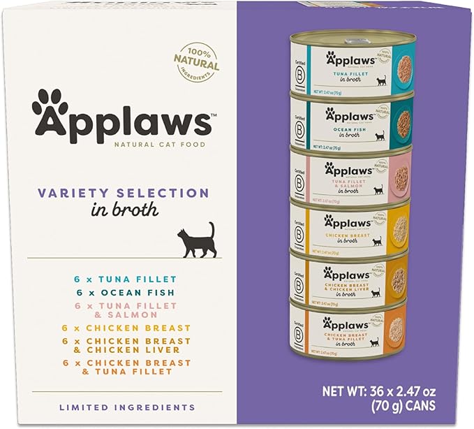 Applaws Natural Wet Canned Cat Food, Limited and Natural Ingredients, High Protein with No Artificial Additives, Variety Selection in Broth (36 x 2.47oz Cans)