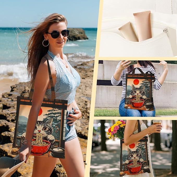 Hanamiya Na Tote Bag with Zipper Pockets, Tote Bag Reusable Shopping Grocery Bags Birthday Gifts for Women, Weekender Bags