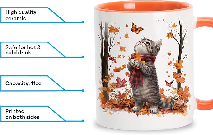 Hyturtle Fall Cat Maple Leaves Coffee Mug with Spoon, Birthday Gifts For Cat Lovers, Fall Autumn Decor Gifts For Farmhouse Thanksgiving, Cute Autumn Mug, 11oz Two Tone White Ceramic Coffee Tea Cup