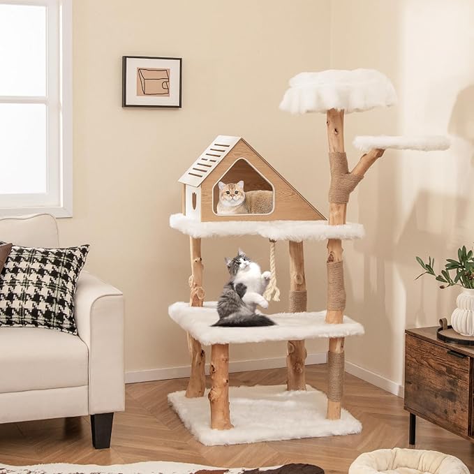 Tangkula Solid Wood Cat Tree, Modern Wooden Cat Tower with Jute Scratching Posts, 2 Perches, Condo, Sisal Rope, Soft Long Plush, 60 Inch Tall Cat Tree Tower for Indoor Cats Large Adult