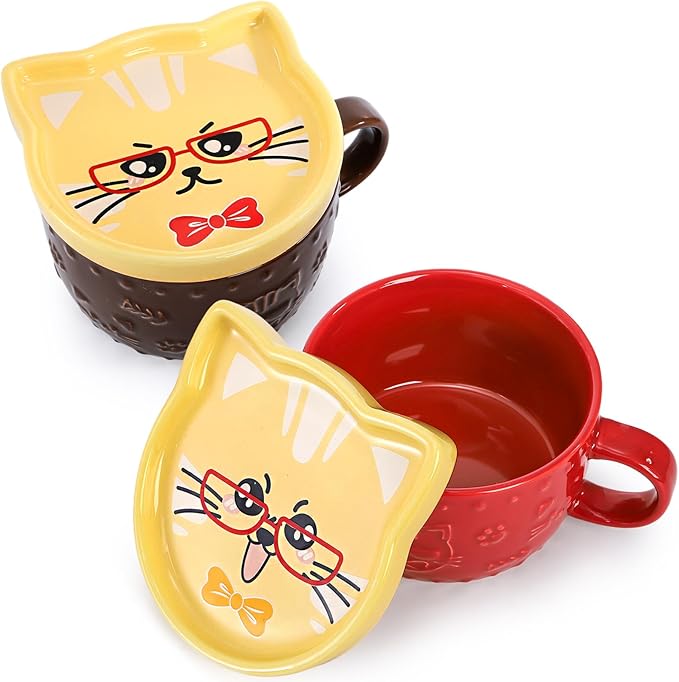 Cididu Set of 2 Cute Cat Mug with Lid, 10 Oz Ceramic Coffee Milk Mugs with Coaster, Kawaii Tea Cup for Cat Lovers, Novelty Breakfast Mugs Birthday Gifts for Girls Women Mother's Day Animal Lovers