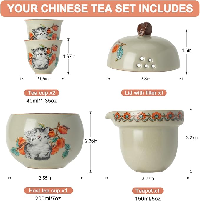 Mini Tea Cups,Cute Lucky Cat Cups,Small Tea Mugs,Porcelain Gongfu Tea set with 3 in 1,Tea Sets for Adults,Ceramic Tea Infuser Cup for Loose Leaf for Women/Tea Lovers/Birthday/Mother's Day (Green)