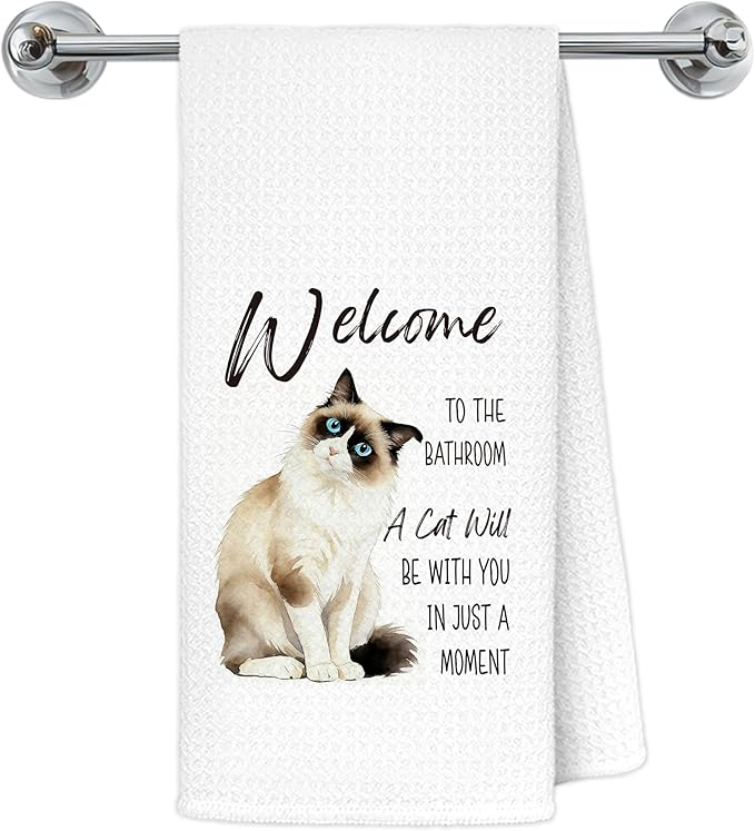 Funny Ragdoll Cat Bathroom Hand Towels, Cat Lovers Mom Dad Lady Gifts, Welcome to The Bathroom Cute Kitten Decorative Hand Towels for Washroom Restroom, 16x24 Inch