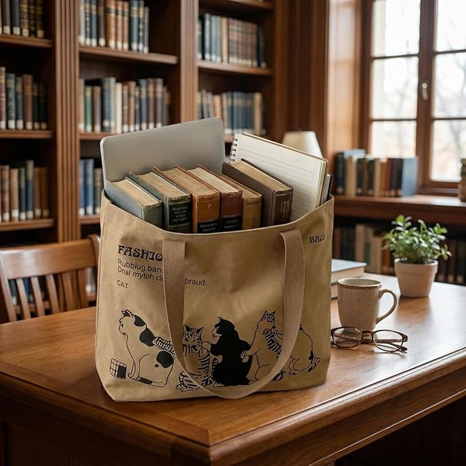 Cute 5-Cats Canvas Tote Bag for Women, Large Aesthetic Shoulder Bag with Zipper and Inner Pocket, Reusable Grocery Bag for Travel, Beach, and Shopping, Ideal Gift for Cat Lovers