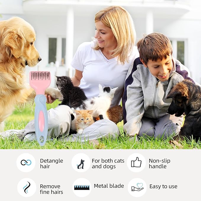 Professional Pink Pet Dematting Comb with Handle Metal Dog Comb Dematting Fur Rake Brush Pet Grooming Tool for Dogs and Cats Remove Loose Hair Mats Knots Tangles