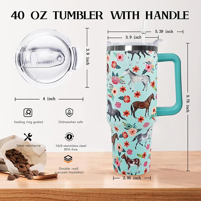 Ceovfoi 40 Oz Horse Tumbler With Handle, Coffee Travel Mug Cup Water Bottle, Horse Decor, Gifts for Women