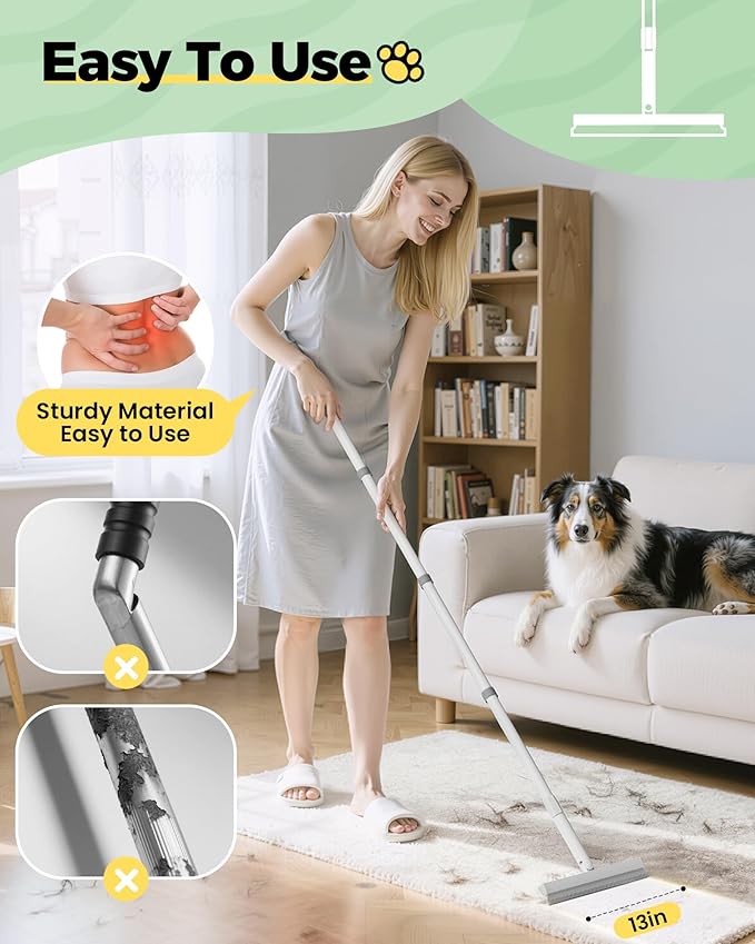 Carpet Rake for Pet Hair Removal Tool - 4 in 1 Pet Hair Remover Kit for Dog Cat Fur Remover, Contain 60" Adjustable Rubber Broom, Glove, Magic Brush and Scraper for Home Furniture, Rugs (Light Grey)