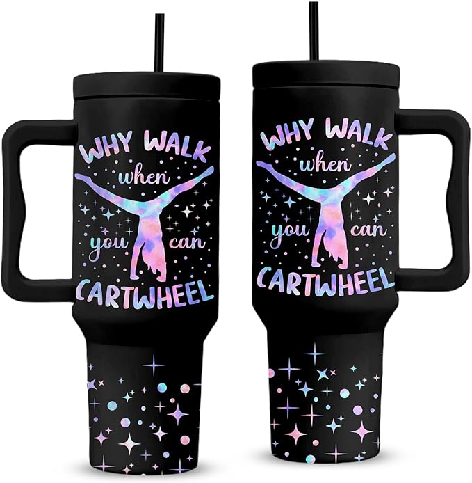Gymnast Gymnastic Gifts, Stainless Steel Tumbler With Handle 40 Oz, Best Gifts For Gymnast, Birthday Christmas Gift Ideas, Glitter Bling Tumbler, Cartwheel Travel Mug