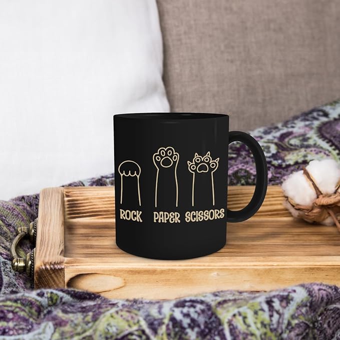 Cat Paw Black Mugs - Cute Paw Designs for Cat Lovers, Rock Paper Scissors Mug 11oz