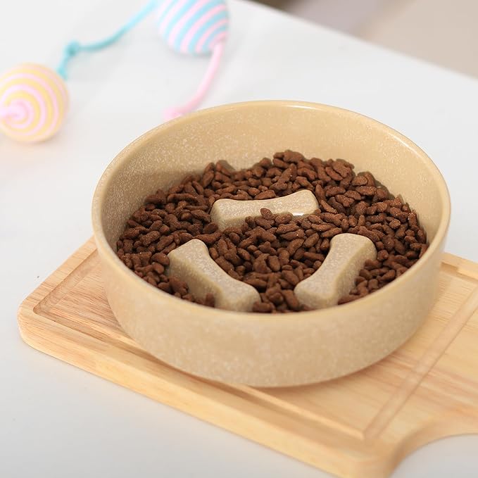 Ceramic Slow Feeder Cat Bowls 6 Inch Cute Bone Slow Feeding Dog Food Bowl,Whisker-Friendly, Anti-Vomiting Feeder for Cats and Small Dogs Non Slip Dishwasher/Microwave Safe (Khaki)