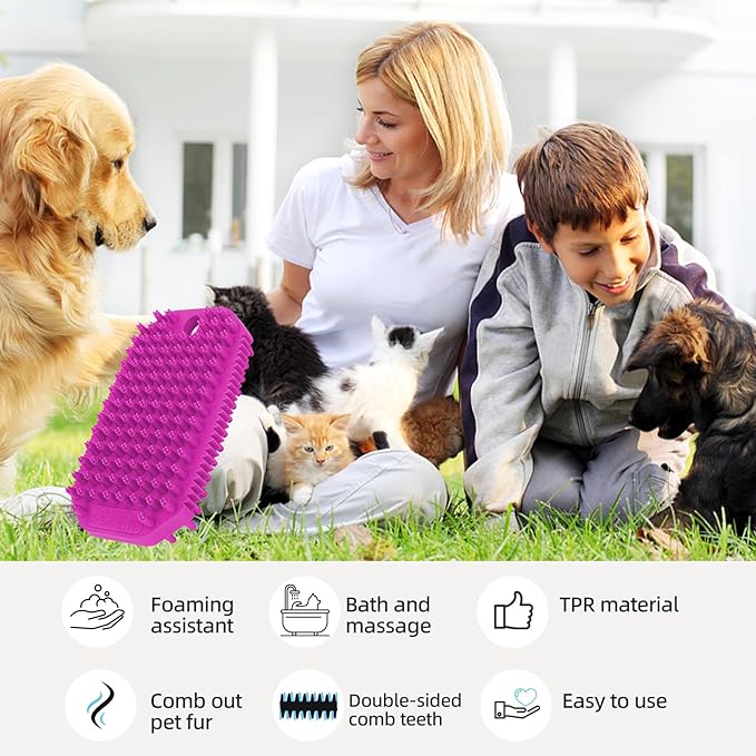 Rose Red 2-in-1 Double Sided Pet Bath Brush Dog Washing Brush Fine Pin Cat Deshedding Brush with Massage Pin Pet Grooming Tool for Dogs and Cats Remove Loose Hair Deep Cleansing