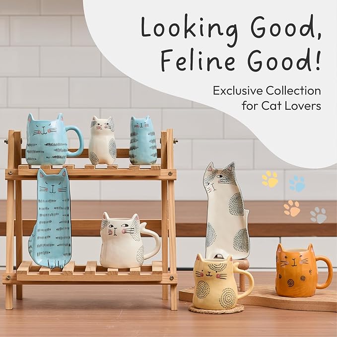 Bico Cartoon Cat Coffee Mugs Set of 4, Cute Ceramic Mugs with Unique Cats Faces, Stoneware Coffee Tea Mug Gifts for Cat Lovers, Women and Men, Microwave and Dishwasher Safe (10 oz)