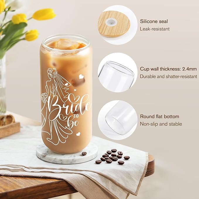 Joeyan Bride To Be Glass Cup with Lid and Straw - Iced Coffee Cups with Positive Crochet Bunny, Bridal Shower Gift, Wedding Themed Glass Tumbler for Smoothie Boba Tea, Engagement Gifts for Future Mrs