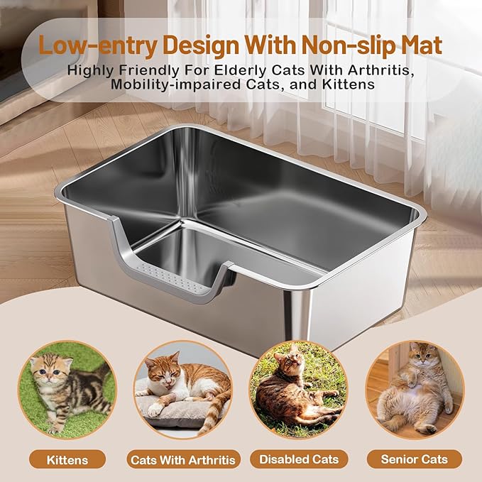 Stainless Steel Cat Litter Box, Steel Litter Pan with Curved Low Entry, Leak Proof 6 Inch High Side for Urine, Easy Entry for Kittens Older Cats, No Slip, 17.7" x 13.8" x 6", Silver