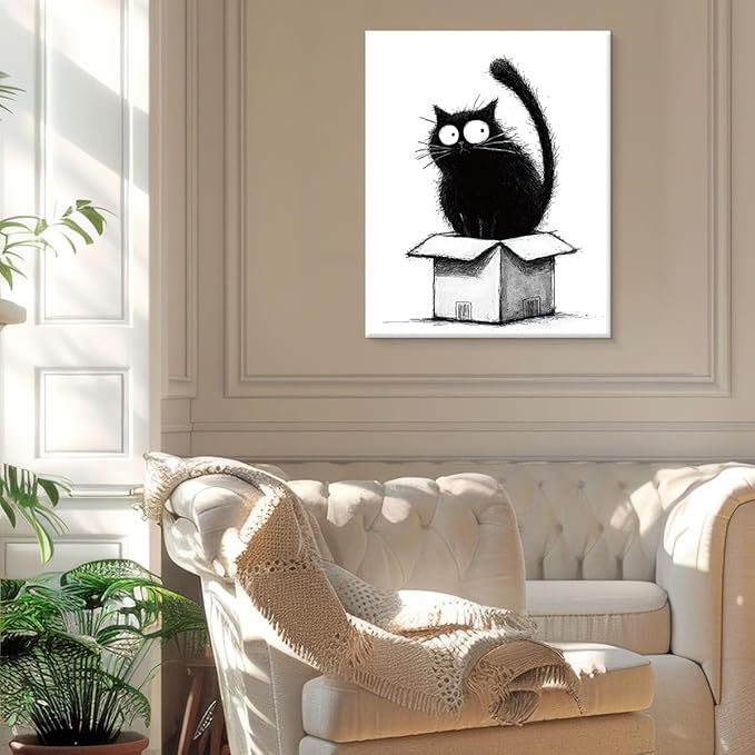 Cute Black Cat in Box Wall Art Decor Cat Lover Gifts Print Picture Modern Wall Decor for Home Living Room 8x10 Inch Canvas Framed