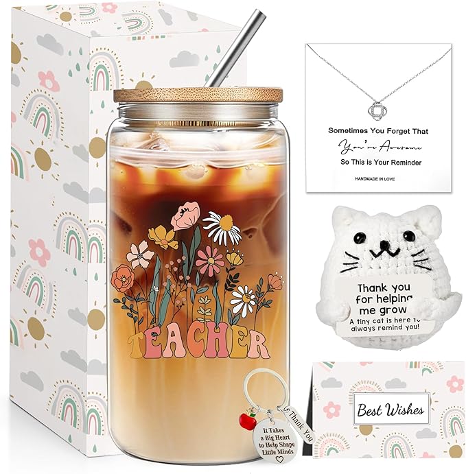 Best Teacher Appreciation Gifts, Teacher Gifts for Women, Thank You Birthday Gifts Set with 16 oz Glass Cup Necklace