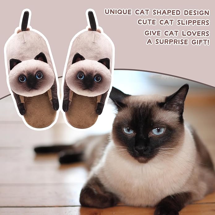 Funny Cat Slippers for Women,Fuzzy Animal Indoor House Shoes with Soft Memory Foam,Comfy Plush Warm Slip-on Slippers,Cat Gifts for Cat Lover