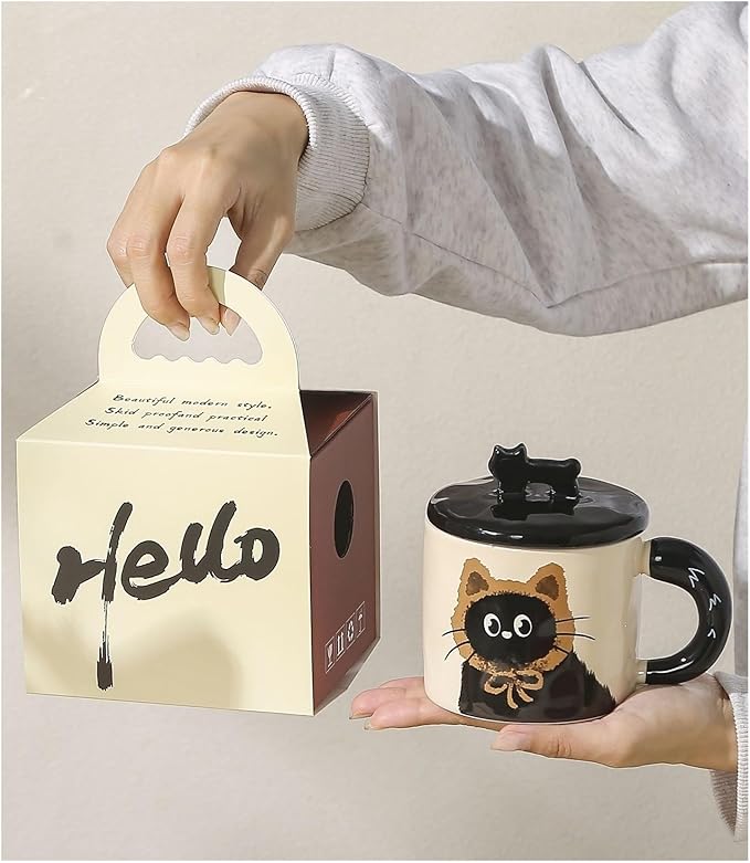 Cat Shaped Mug Suitable For A Variety Of Drinks, Ceramic Mug With Lid, Gift Box For Souvenirs (DarkBrownGiftBox)