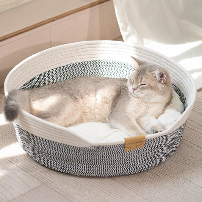 CHEERHOME PETS Cat Bed Basket with Cushion, Cotton Rope Woven Pet Bed for Indoor Cats Couch, Kitten Bed for Medium and Large Cat, All Season Universal (Grey)