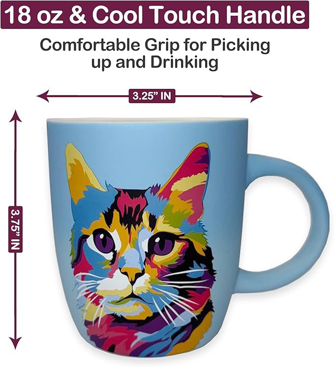 Soft Touch Light Blue Cat Mug - 18 Oz Coffee Mug with Premium Quality Box - Ceramic Mug for Cat Lover - Unique Coffee Cup for Gift