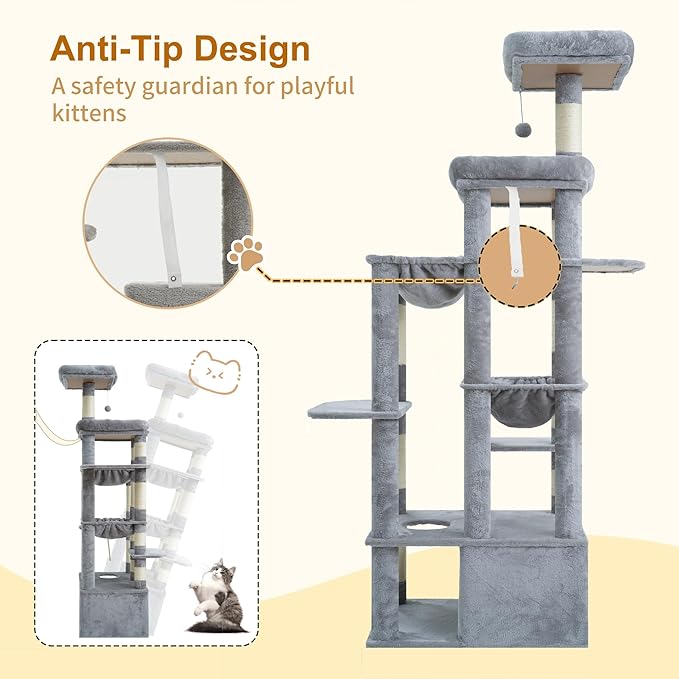 Heybly Cat Tree, 71-Inch Tall Cat Tower for Large Maine Coon Cats with Extra-Large Baseboard, Cat Condo Furniture with Multi-Level Platforms, 2 Hammocks and 12 Scratching Posts, Light Gray HCT037W