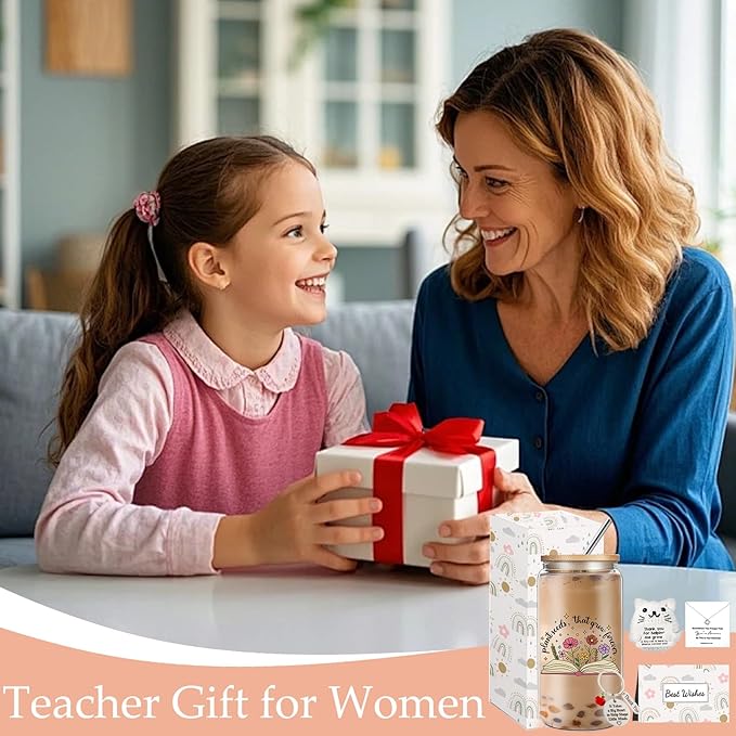 Teacher Birthday Gifts for Women, Teacher Appreciation Gifts, Thank You Christmas Retirement Gifts Set with 16 oz Glass Cup Necklace