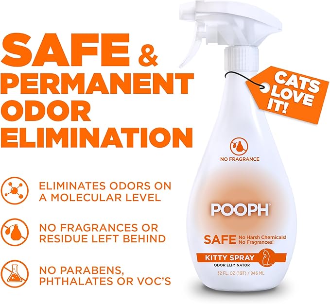 POOPH® Kitty Odor Eliminator Spray – 32oz Single & 32oz 2-Pack Bundle – Patented, Fragrance-Free, Non-Toxic, Safe for Cats – Use on Furniture, Litter Areas, Bedding & More