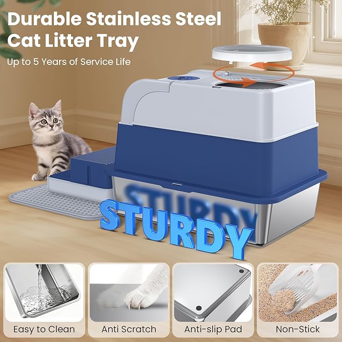 Stainless Steel Litter Box with Lid, Top Entry Extra Large Litter Box Enclosure for Kitty & Big Cats, Non-Stick Metal Cat Pan with Dual Storage Footboard, Trapping Mat & Scoop Included
