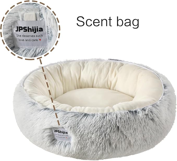 Calming Donut Dog Bed Cat Bed, Fluffy Long Fur Outer & Short Fur Inner, Sweat-Free Cozy Cuddler, Non-Slip Bottom,for Small Medium Dogs Cats Puppy Kitten (Donut Bed - Grey, Medium 19.7 Inches)
