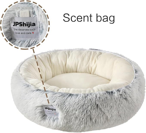 Calming Donut Dog Bed Cat Bed, Fluffy Long Fur Outer & Short Fur Inner, Sweat-Free Cozy Cuddler, Non-Slip Bottom,for Small Medium Dogs Cats Puppy Kitten (Donut Bed - Grey, Medium 19.7 Inches)