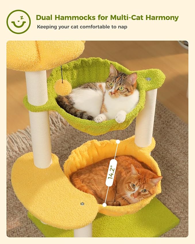 MUTTROS Flower Cat Tree with 2 Large Hammocks, 37.4" Small Cat Tower for Indoor Kitty with 6 Scratching Posts, Cute Cat Tree with Flower Top Perch, Yellow