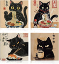 4 PCs Kawaii Japanese Ramen Cats Canvas Wall Art Framed Wall Decor, Cat Lover Gifts, Cat Themed Gifts Art Prints Paintings, Pictures Home Decor for Kithchen Dining Room Bedroom Farmhouse