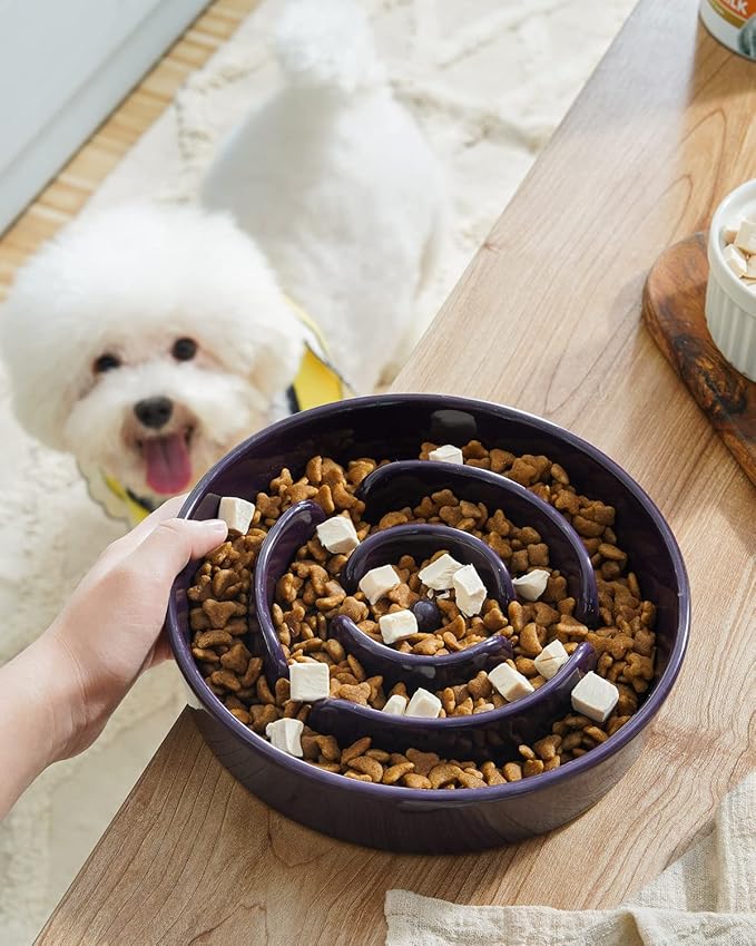LE TAUCI Dog Bowls Slow Feeder Ceramic, 1.5 Cup Slow Feeding Bowl for Small and Medium Breed, Puzzle Dog Food Bowl for Fast Eater, Maze Purple