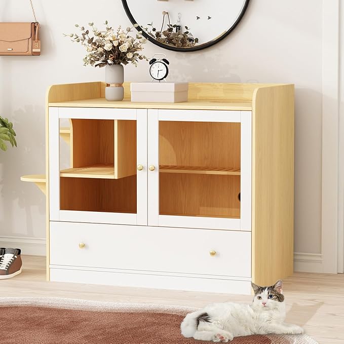 Extra Large Cat Litter Box Enclosure Furniture Hidden, Cat Condo Cabinet Pet House with Stairs for 2, Nightstand Side Table witha Large Drawer for Living Room, Natural