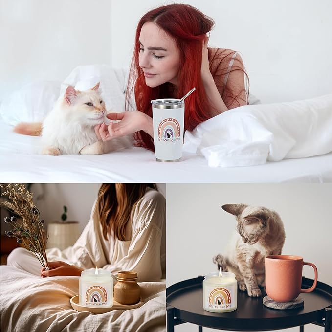 Kolewo4ever 7 Pieces Gifts for Cat Lovers,Cat Lover Gifts for Women,Christmas Gift for Women,Cats Gift for Lovers with Makeup Bag,Socks,Greeting Cards,Candle,Tumbler,Keychain