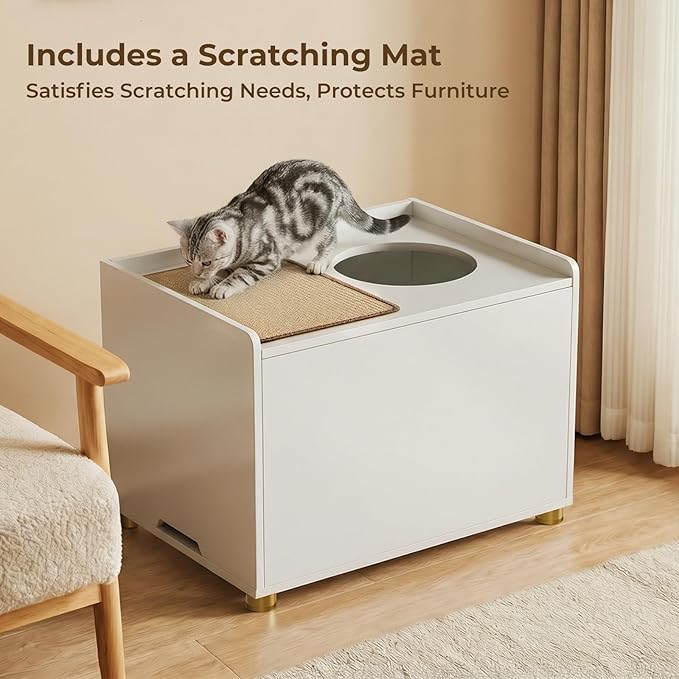 Top Entry Litter Box Enclosure, Flip Top Cat Litter Box Furniture with Scratch Mat, Stylish Hidden Cat Washroom for Large Cats (White)