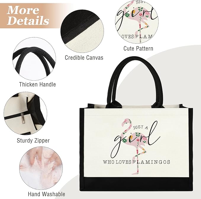 Canvas Tote Bag for Women, Cute Flamingo Gifts for Women, Flamingo Lover Gifts Aesthetic Beach Bag Reusable Grocery Bag, Birthday Christmas Gift for Mom Daughter Friends Sisters Who Loves Flamingos