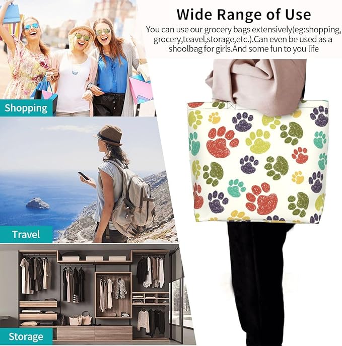Colorful Paw Print Tote Bag for Women, Cute Dog Cat Paws Print Purse Gifts for Cat Dog Lovers, Shoulder Reusable Shopping Handbags Casual Travel Polyester Summer Beach Grocery Bag Holiday Gifts