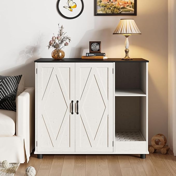 Large Litter Box Enclosure with Litter Collector & Dog-Proof Shelf, Hidden Litter Box Furniture for Self Cleaning Litter Box, Wodden Litter Box Cabinet, Cat Box Enclosure, Side Table, White