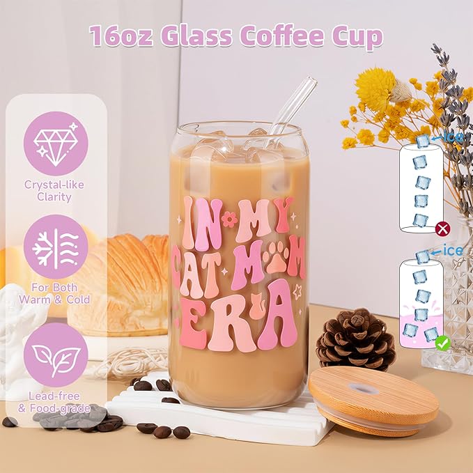 Cat Lover Gifts for Women, Cat Mom Gifts, Cat‘s Themed Gift for Christmas Mother's Day Birthdays, Gift for Cats Lovers for Crazy Cats Lady Mom Daughters with Canvas Bag Glass Cup Scented Candle Socks