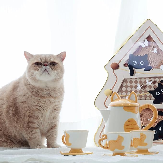 Ceramic Cat Tea Set,Cute Cat Paw Tea Mugs And Saucers Set Of 4,Perfect Cat Themed Gifts,Lovely Cat Decor,Tea Sets for Adults,Excellent Gift Idea For Cat Lovers (Orange, 4)