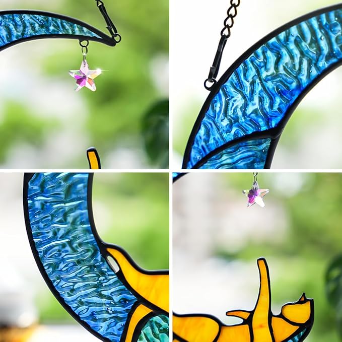 BOXCASA Handcrafted Orange Cat Moon Stained Glass for Cat Lovers,Crystal Prism Suncatchers for Windows Hanging, Mother's Day for Women, Wife, Mom