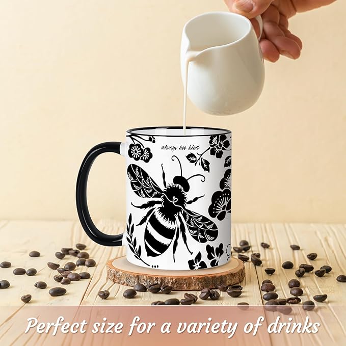 Bee Cups 11Oz Valentines Day Birthday Gift for Woman, Bee Gifts for Women Black and White Boho Coffee Mug, Bumble Bees Gifts Cute Coffee Mug for Women Microwave & Dishwasher Safe