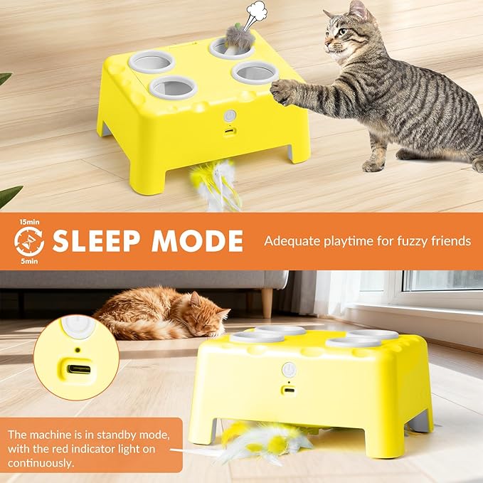 Interactive Cat Toys for Indoor Cats, 2-in-1 Cat Toys Interactive for Bored Indoor Adult Cats, Automatic Electronic Feather Cat Toy, 4 Holes Mole, Rotating Feather, USB Rechargeable