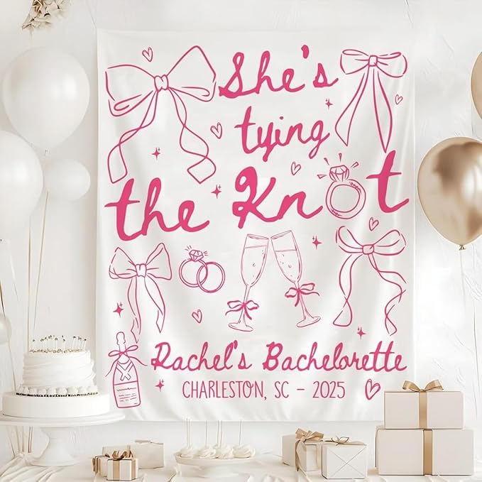 PHHUY She’s Tying the Knot Bachelorette Tapestry, Pink Bow Coquette Wall Hanging, Cute Pre Wedding Décor, Soft Feminine Party Accent, Romantic Aesthetic for Bride Bash, Girls Night Bridal Shower